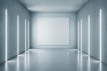 Obraz premium Modern futuristic empty room interior with glowing vertical wall lights and blank canvas on wall for art or branding mockup display concept.