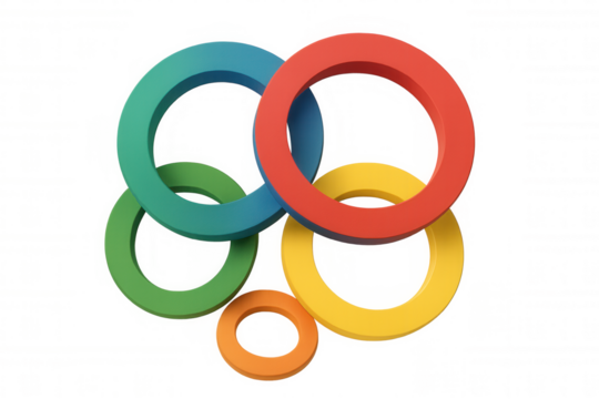 Vibrant interlocking rings against transparent backdrop representing interconnected teamwork, collaboration, and shared organizational goals