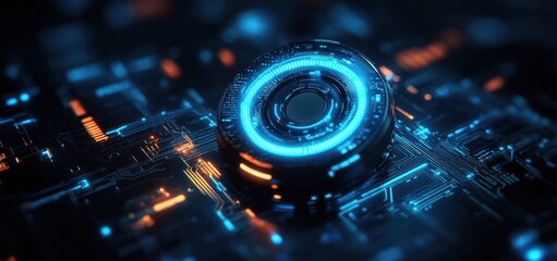 Futuristic blue and orange glowing circular digital interface element on a complex circuit board with detailed lines and illuminated patterns