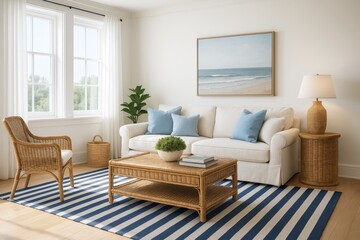 Cozy coastal-inspired living room with wicker furniture, striped rug, and ocean artwork in a bright, sunlit home interior. Ai generative