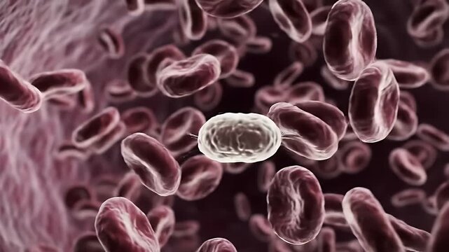 Detailed microscopic view of red and white blood cells flowing through a blood vessel with textured walls, illuminated from within, highlighting organic forms in rich red and white tones for a scienti