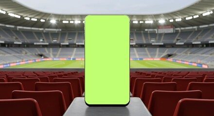 Smartphone Green Screen Mockup in Empty Soccer Stadium Sports Tech Concept