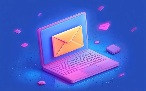 Colorful illustration of a laptop with a large yellow envelope icon on the screen surrounded by multiple flying smaller envelopes symbolizing email communication