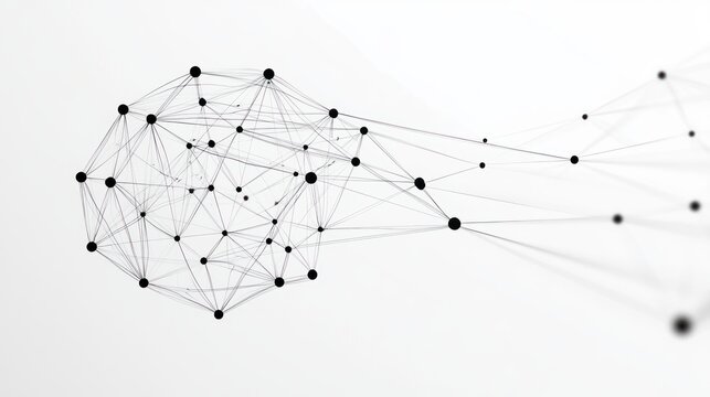 Abstract network of interconnected black nodes and thin lines forming a geometric web on a white background, conveying connectivity and complexity