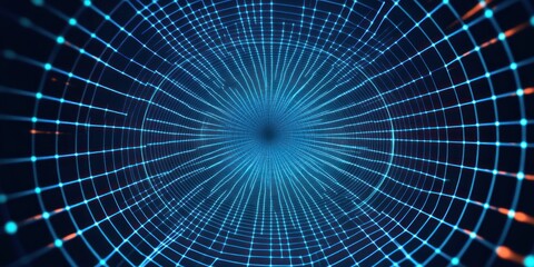 Fototapeta premium Blue digital tunnel composed of glowing grid lines converging into a central dark point with occasional orange highlights, evoking depth and futuristic technology