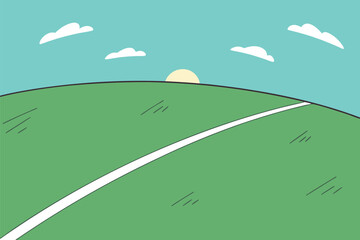 Simple cartoon illustration of a green hill with a white path under a blue sky with clouds and a yellow sun
