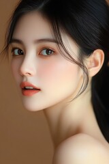 Naklejka premium Close-up portrait of a young woman with flawless skin, natural makeup, soft expression, and hair tucked behind her ear against a neutral background