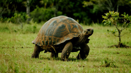Fototapeta premium Giant Tortoise Walking Gracefully Across a Grassy Field in South America