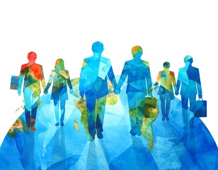 Watercolor silhouettes of diverse businesspeople holding hands, standing on a globe