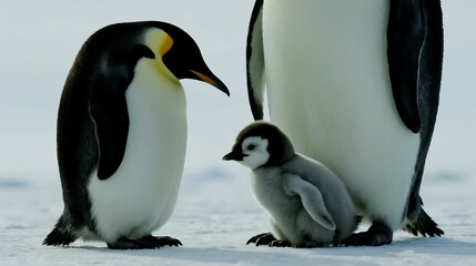Fototapeta premium Adorable Emperor Penguin Family Enjoying Snowy Antarctic Landscape Together
