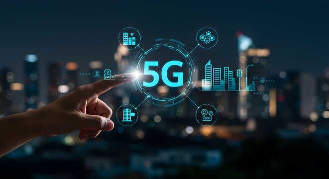 A person's finger touching a glowing 5G network symbol with city skyline background.