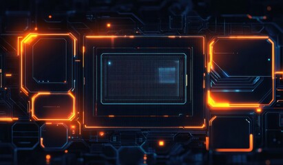 Close-up of futuristic glowing digital circuit board with illuminated orange and blue elements showcasing advanced technology and electronic interface