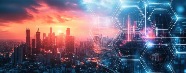 Futuristic city skyline at sunset with glowing digital hexagonal interface overlay representing technology and innovation