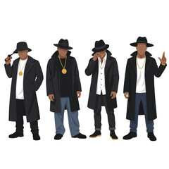 Four men in black coats and hats, wearing gold chains, standing side-by-side against a white background.