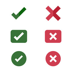 Check Mark and Cross Mark Icon Set - Simple Vector Illustrations for Approval, Success, Correct, Error, Wrong, and Cancellation Concepts in Various Styles

