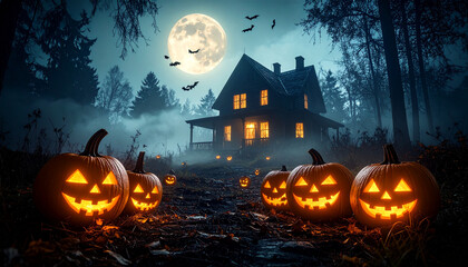 Fototapeta premium Haunted House Under Moonlight with Carved Pumpkins and Flying Bats