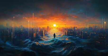 Silhouette of a lone figure standing amidst towering ocean waves flooding a futuristic cityscape under a glowing sunset sky, evoking isolation and resilience