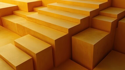Geometric abstract composition of large yellow and orange rectangular blocks and steps creating a modern architectural pattern