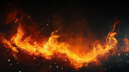Fototapeta premium Bright intense swirling orange and yellow flames with glowing embers against dark background, evoking powerful energy and dynamic motion