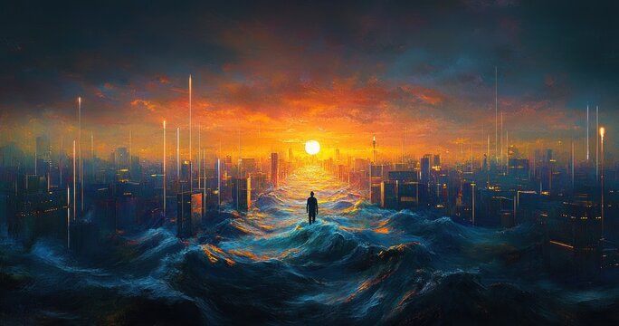 Silhouette of a lone figure standing amidst towering ocean waves flooding a futuristic cityscape under a glowing sunset sky, evoking isolation and resilience - Powered by Adobe