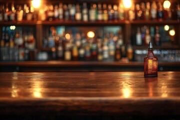 Dimly lit wooden bar counter with a single brown glass bottle in focus and blurred shelves of various bottles in the background creating a cozy, warm atmosphere