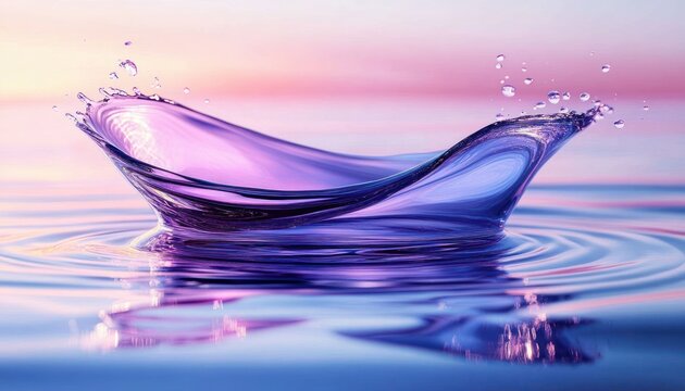 Close-up of a vibrant purple water splash creating ripples on a calm water surface with a soft pastel gradient background