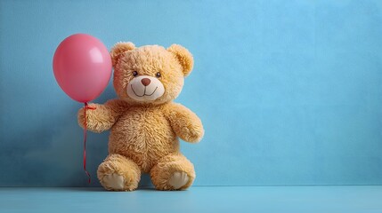 Fototapeta premium Cheerful teddy bear holding a pink balloon against a vibrant blue background