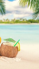 Refreshing Coconut Drink on a Tropical Beach with Palm Leaves and Ocean View