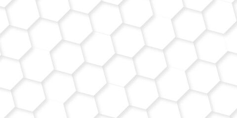 Minimal white hexagonal hexagon modern technology creative emboss light honeycomb polygonal web. abstract geometric science and mosaic tile with template texture background.	