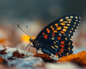 Vibrant butterfly resting on a parched leaf in a barren landscape