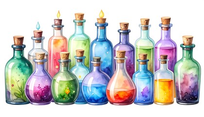 Watercolor painting of various colorful glass bottles with cork stoppers, containing vibrant liquids and herbs