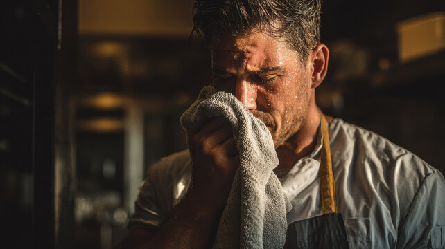 A focused chef wiping sweat with a towel, a moment of intensity in the kitchen