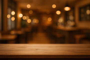 Wood table top restaurant cafe interior background bokeh lights space