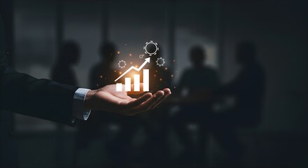 Businessperson's hand displays upward trending graph, symbolizing post-pandemic economic recovery and team success.