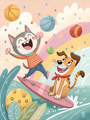 Joyful Cat and Dog Surfing on a Rainbow Wave.