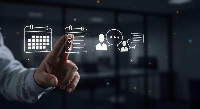 A hand interacts with digital icons representing calendar, schedule, and communication, set against a blurred office background.
