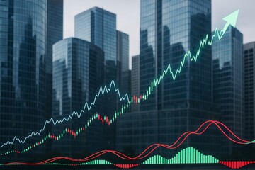 Financial growth chart with digital trading indicators and rising graph arrow over modern city business background with glass skyscrapers.