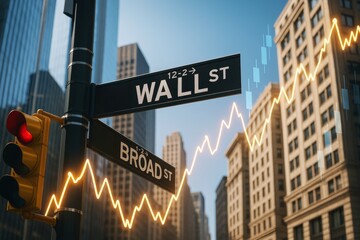 Wall Street and Broad Street signs with financial chart overlay on city background illustrating business growth and stock market concept.