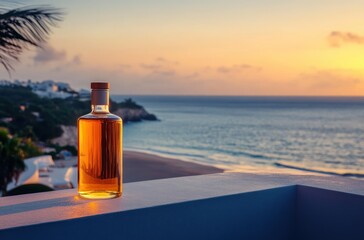 Glass bottle with amber liquid on a balcony railing overlooking a calm ocean at sunset with a distant coastline and palm trees