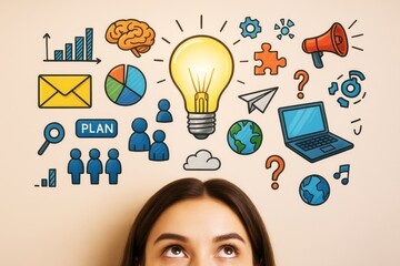 Woman looking up at colorful business and creativity icons including light bulb and charts on beige background in abstract cartoon style. Ai generative.