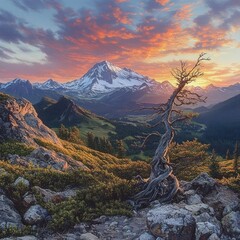 Majestic snow-capped mountain under vibrant orange and pink sunset sky with rugged rocky terrain and a twisted dead tree in the foreground