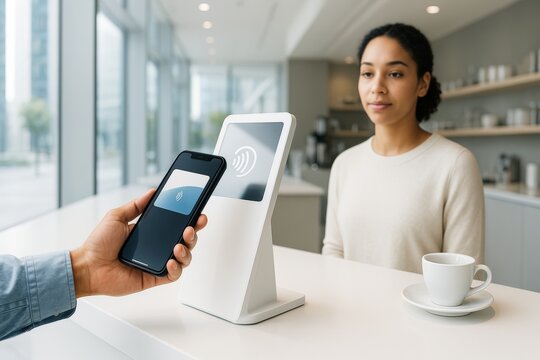 Contactless payment using smartphone near terminal on white counter in modern cafe with woman customer and bright business background. Ai generative