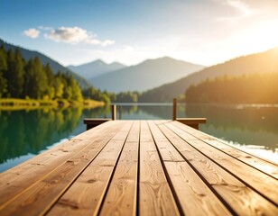 Wooden dock extending over calm lake, mountains in background at sunset