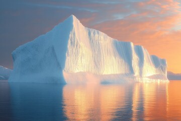 Massive iceberg illuminated by warm sunset light reflecting on calm ocean water under soft cloudy sky