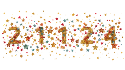 New Year classroom countdown chart with stars and confetti, photorealistic, isolated on white background