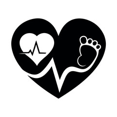 Black Heart with Baby Footprint and Heartbeat Line Illustration on White Background