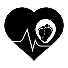 Black Heart Pulse with Baby Feet Inside, Newborn Love and Care Concept