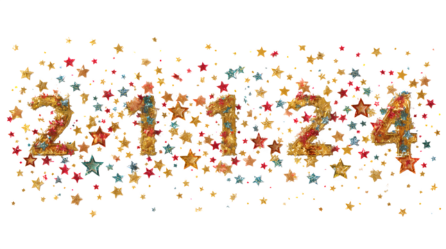 New Year classroom countdown chart with stars and confetti, photorealistic, isolated on white background