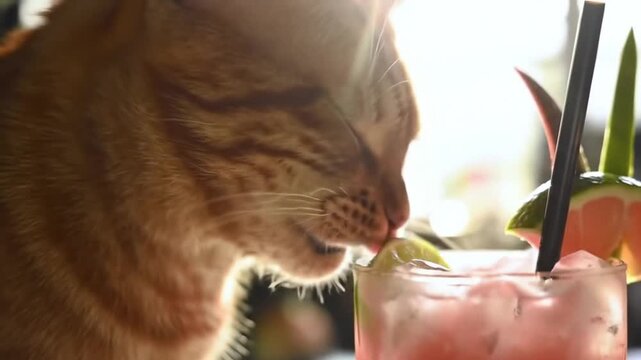 A playful orange cat curiously tasting a refreshing cocktail with lime on a sunny table setting