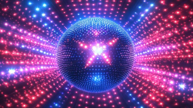 Glowing digital sphere surrounded by radiant red and blue light particles forming a dynamic starburst pattern, evoking energy and futuristic ambiance